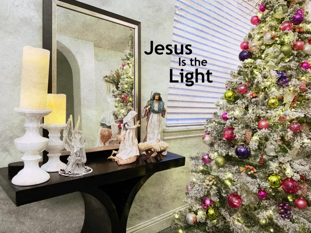 Jesus is the Light Quote on Christmas Tree Background